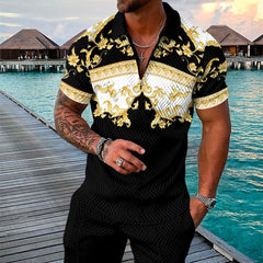 Men's Summer Fashion 3D Printed Short Sleeve Geometric Zip Lapel Shirt Set